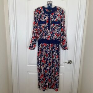 Diane Freis Vintage 80's Dress Navy Floral Long Sleeve Midi Retro Belted M / L